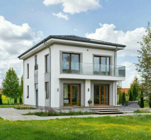 Проект дома из газобетона с четырехскатной крышей